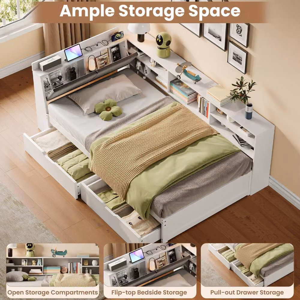 ModernLuxe L-shaped single daybed in white with drawers, bookcase, storage headboard, and USB charging port, W/D/H: 220 x 90 x 112 cm – 3