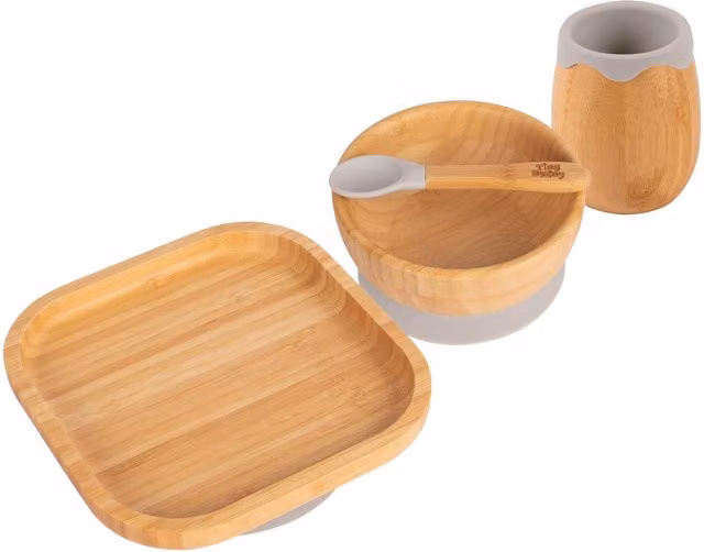 Tiny Dining 4pc Square Bamboo and Silicone Baby Feeding Set in Grey