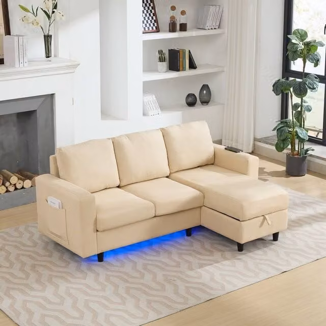 Merax Reversible L-Shape Corner Sofa in Beige with LED Lighting and USB Charging – 1