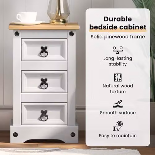 vidaXL CORONA Bedside Table in White, Solid Pine Wood, W: 35 cm, D: 32.5 cm, H: 58 cm – 3