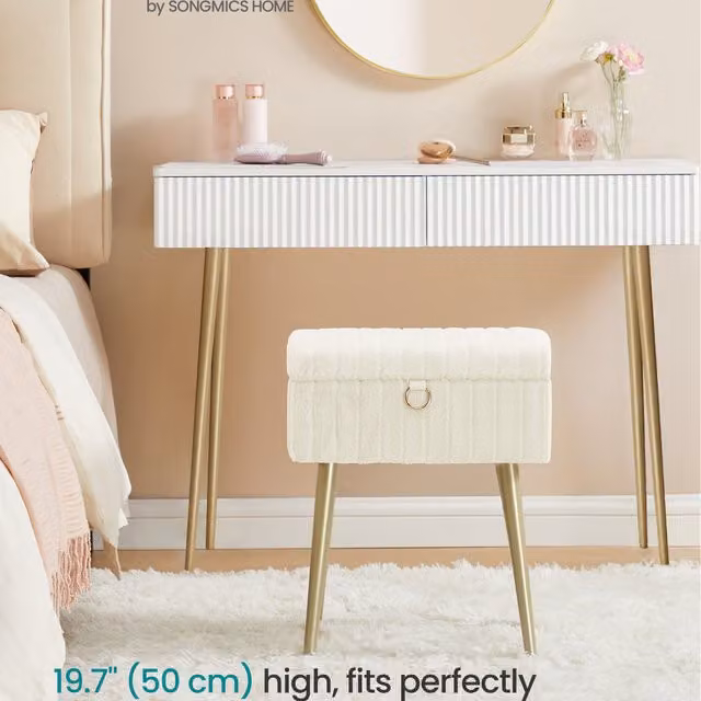 SONGMICS White Rectangular Vanity Stool with Storage and Metal Frame