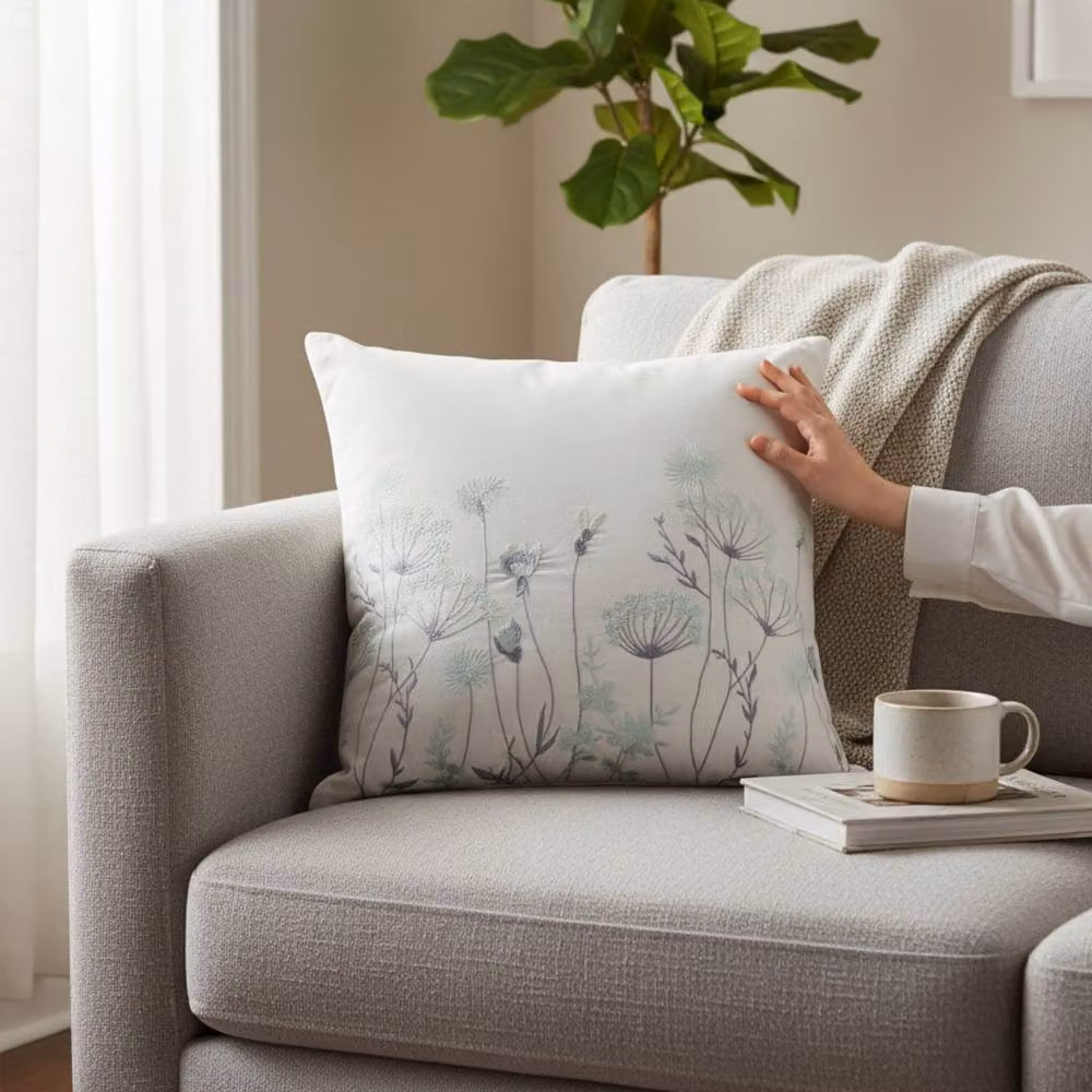 Four Candle Handmade White Cotton Embroidered Floral Cushion with Filling, W/D/H: 45 x 45 x 45 cm – 2