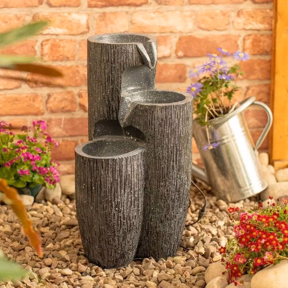 FLAVORA Solar Powered Grey Stone Cascade Water Fountain Feature – 3