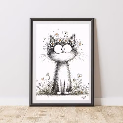 60 Second Makeover Quirky Black Cat with Daisies Floral Print Poster, A3