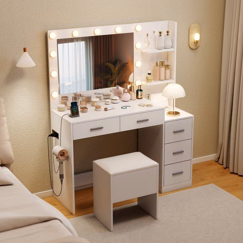 Costway Modern Vanity Desk with 5 Drawers, Stool and Power Outlets, White – 2