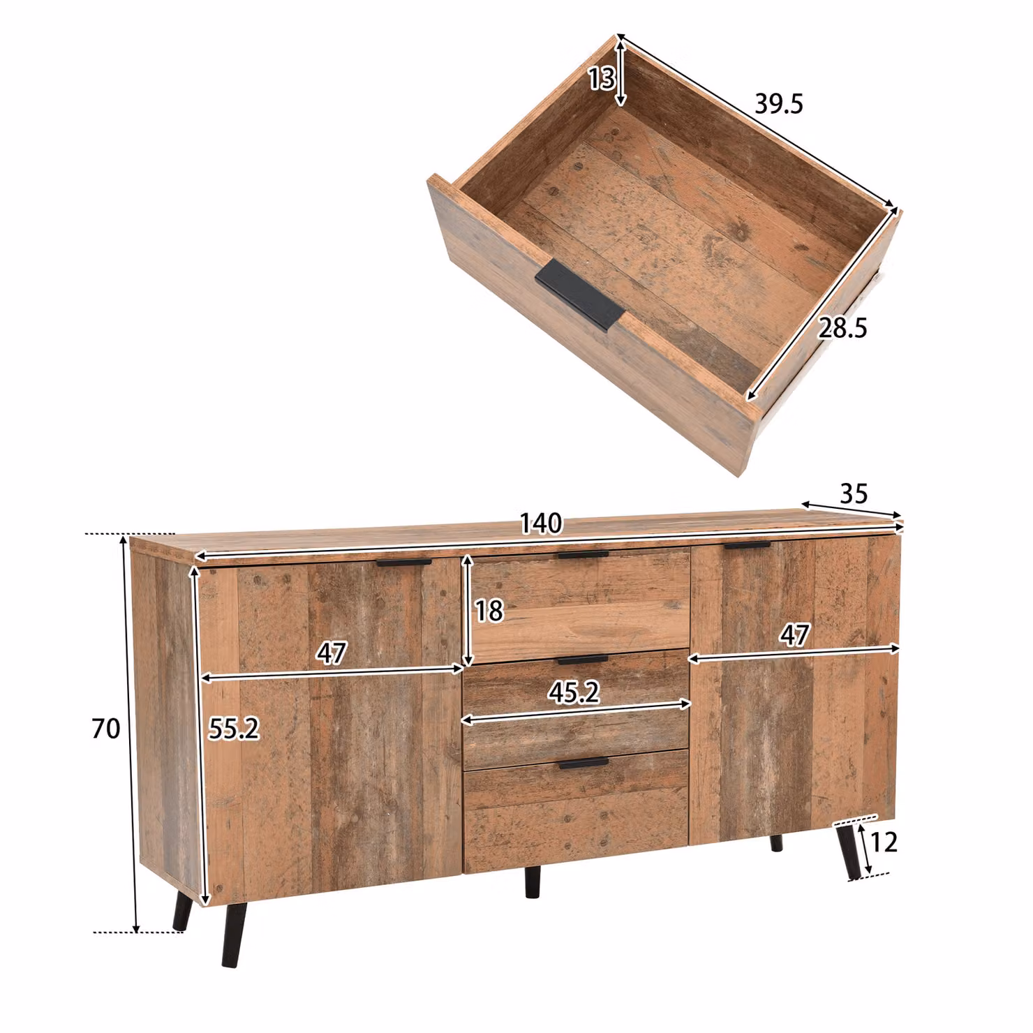 Aosom.UK Vintage Sideboard Cabinet in Brown with Storage Drawers and Adjustable Shelves, W/D/H: 140 x 35 x 70 cm – 3