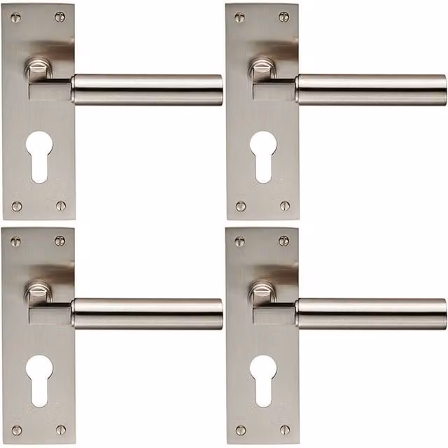 Loops 4x Pair Round Bar Handles with Slim Euro Lock Backplate, Satin Nickel, W: 150 mm x H: 50 mm
