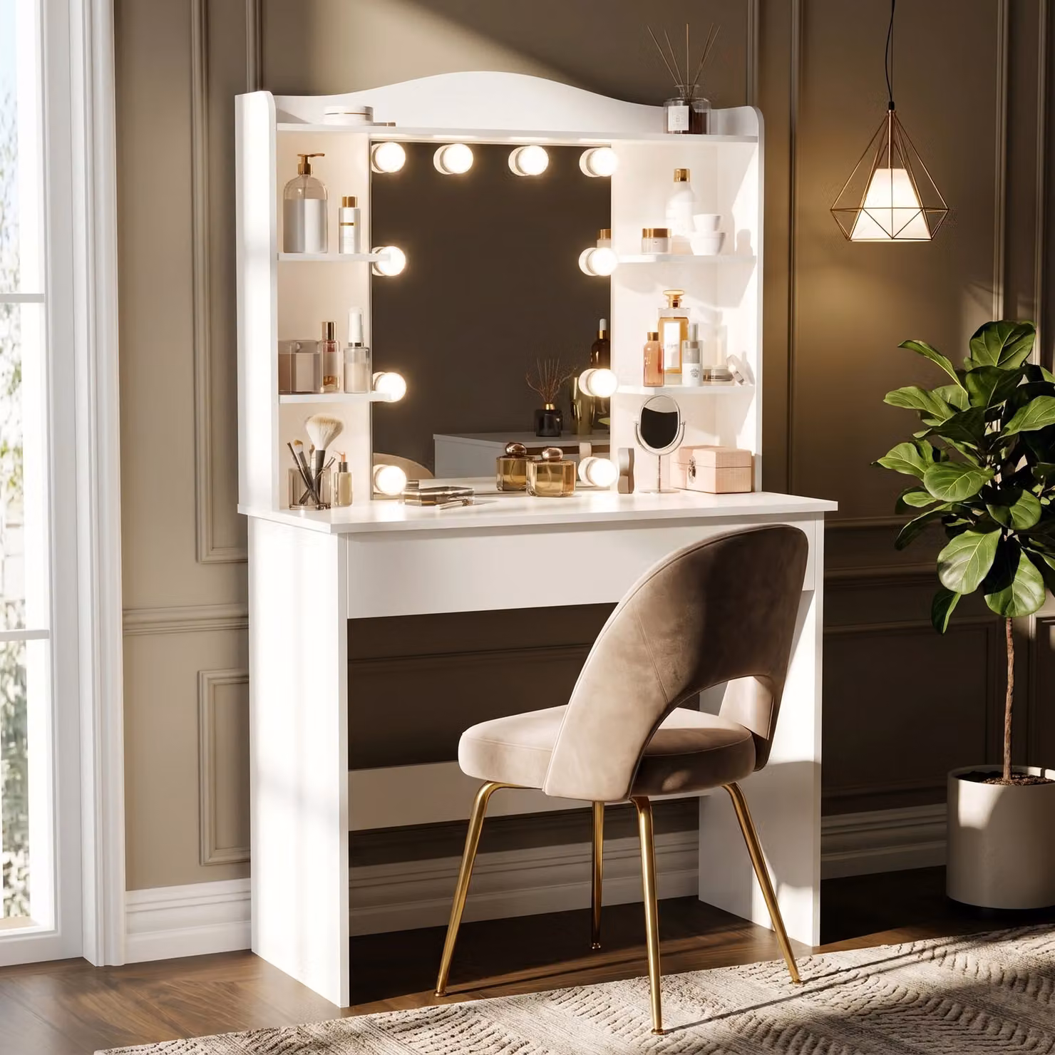 DHS Modern White Dressing Table with Hollywood LED Mirror and Makeup Vanity Desk, W/D/H: 146 x 90 x 40 cm