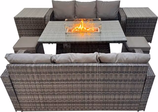 Fimous Garden Outdoor Rattan Furniture Set with 2 x 3-Seater Sofas and Fire Pit Dining Table in Dark Grey Mixed