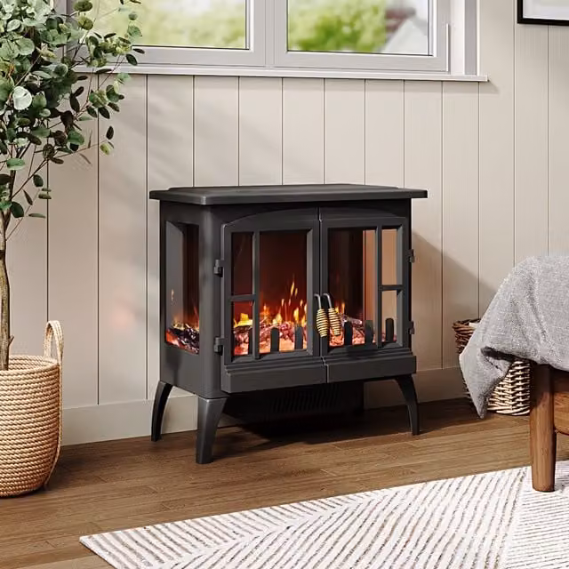 Livingandhome Freestanding Electric Fireplace Heater with Adjustable Flame Brightness in Black and Gold