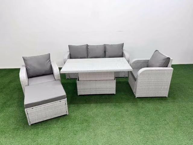 Fimous PE Rattan Garden Furniture Set in Light Grey with 3-Seater Sofa, Reclining Armchair, Coffee Table and Ottoman