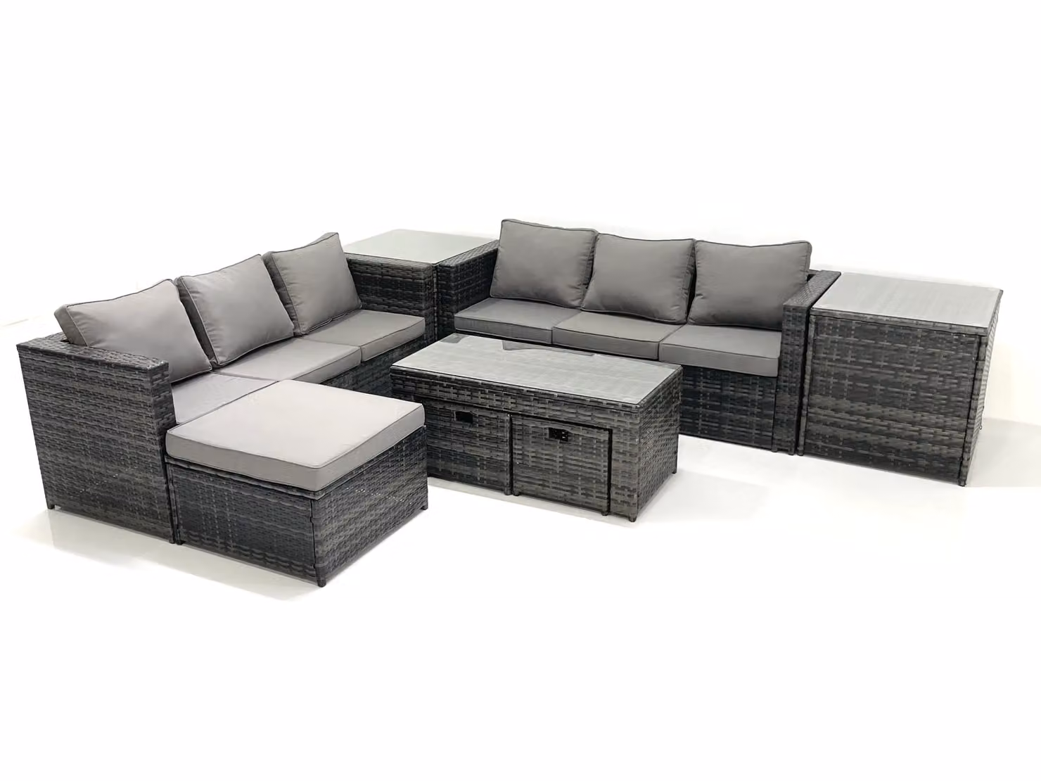Fimous Garden L-Shape Outdoor Rattan Furniture Set in Dark Grey with Sofa, Coffee Table and Ottomans – 2