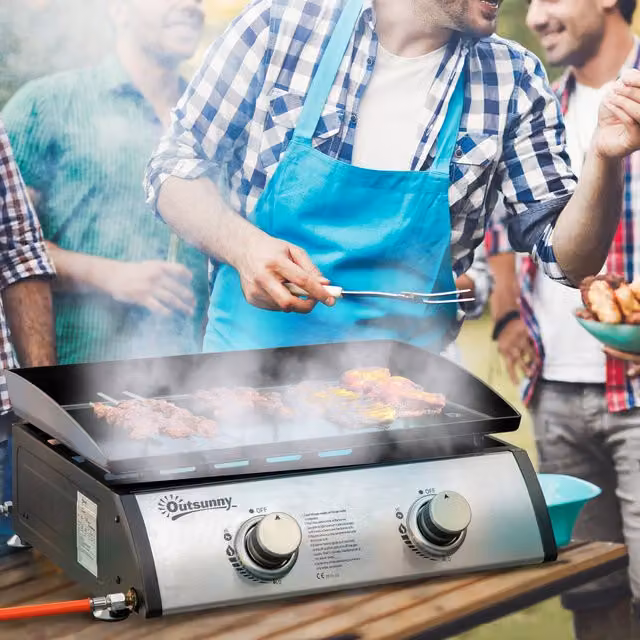 Outsunny Portable Gas BBQ Plancha Tabletop Grill with 2 Burners, Silver