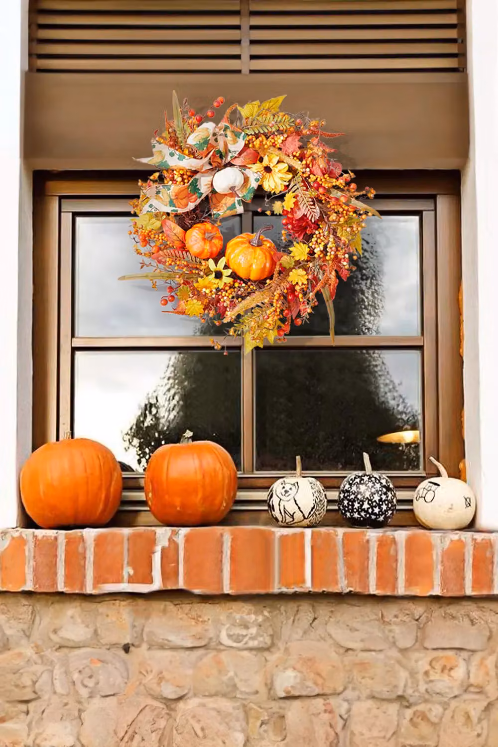 H&O Direct Orange Halloween Artificial Pumpkin and Maple Leaves Wreath, Diameter: 50 cm – 2