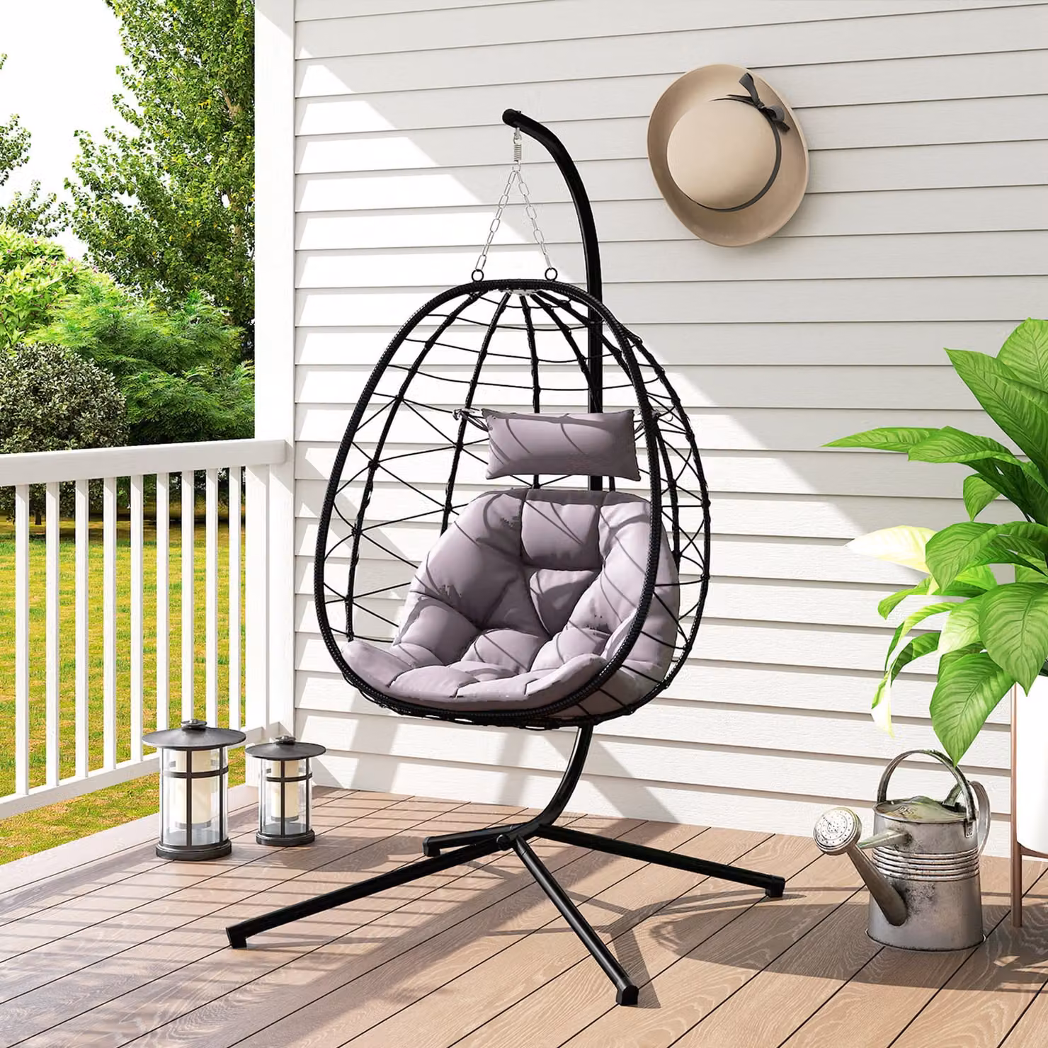 Outsunny Grey Hanging Egg Chair with Stand, Folding Basket, Thickened Cushions and Adjustable Headrest for Garden, Balcony or Patio – 9