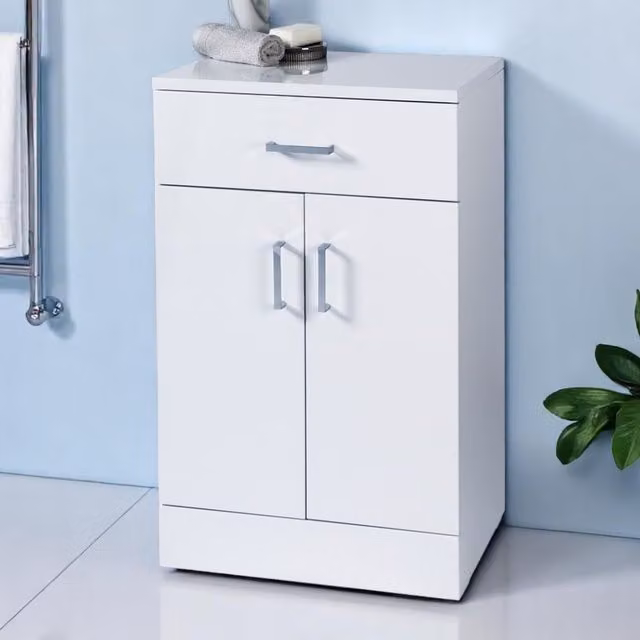 Salerno Freestanding White Gloss Modern Bathroom Cabinet with Soft Close Hinged Doors and Internal Drawers and Shelves