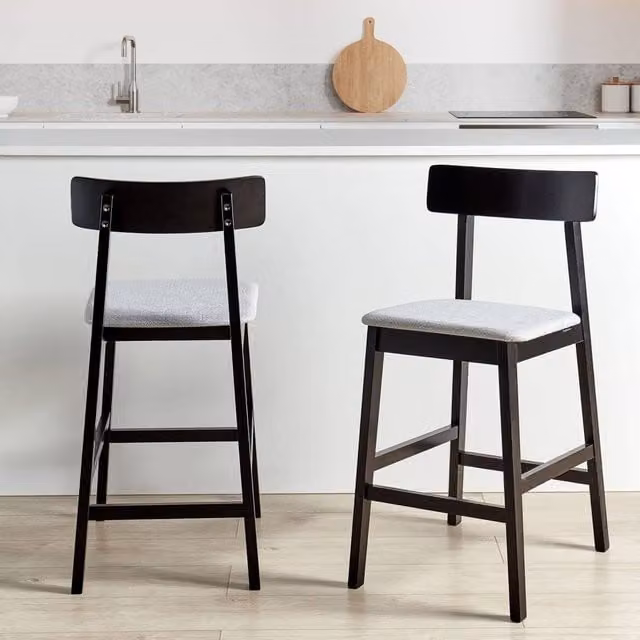 Wyld and Coco Set of 2 Retro Rubberwood Bar Stools with Black and Grey Polyester Seats