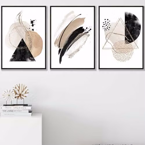 ARTZE Set of 3 Abstract Black and Beige Watercolour Shape Wall Art Paper Posters, W: 30 cm x H: 42 cm