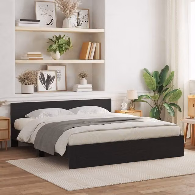 Berkfield Home Modern Bed Frame with Headboard in Black Oak, W: 180 cm, D: 200 cm