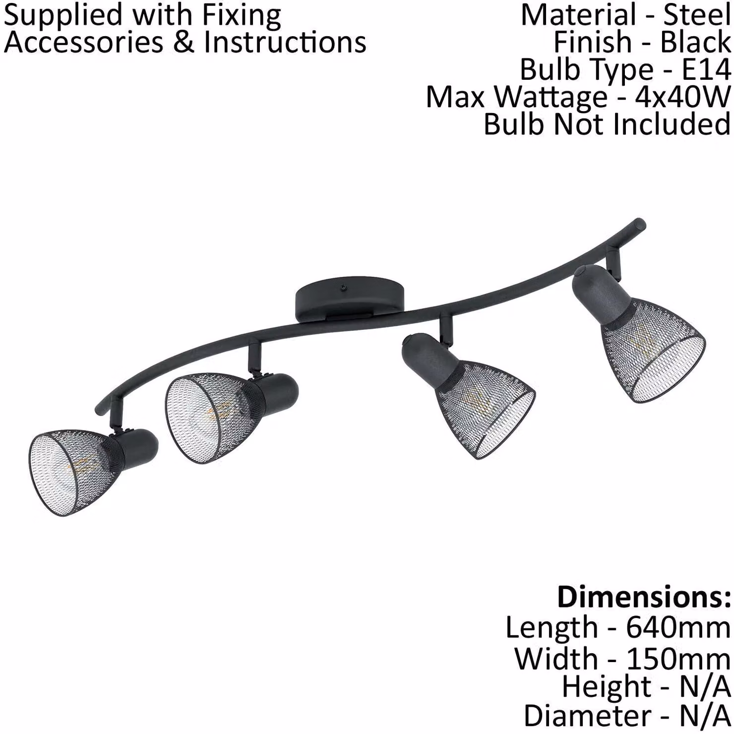 Loops Quad Ceiling Spot Light and 2x Matching Wall Lights in Black Metal with Adjustable Mesh Heads – 2