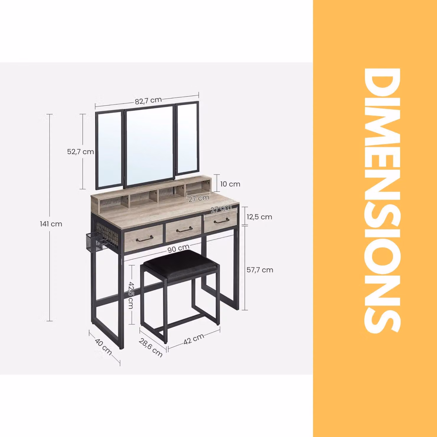 Pirlo Plush 3 Drawer Dressing Table with Tri-fold Mirror and Stool in Grey – 4