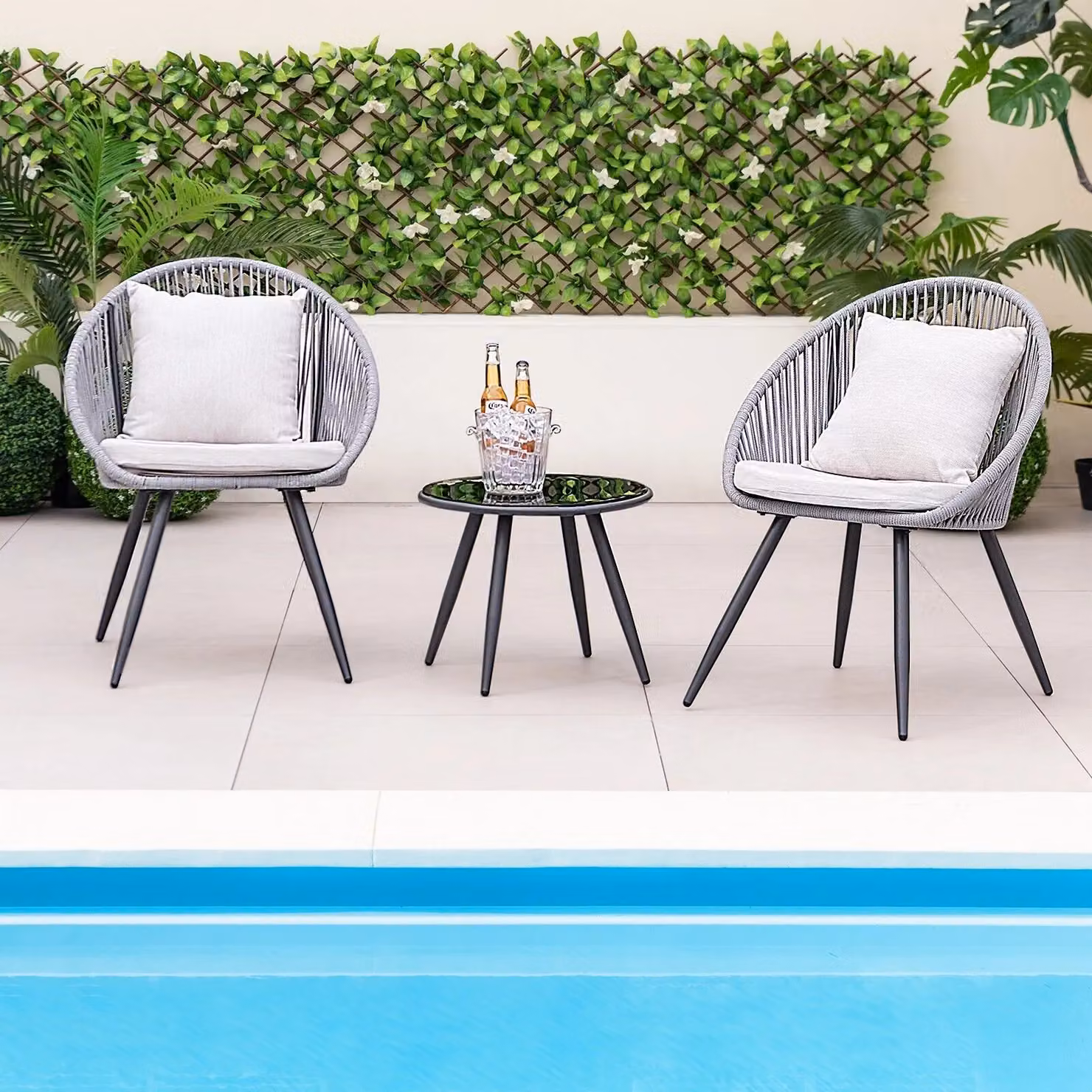 Costway 3 Piece Patio Furniture Set with Woven Rope Balcony Chairs and Seat and Back Cushions in Grey and Multicolour – 2