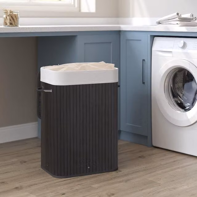 SONGMICS Medium Bamboo Foldable Laundry Basket with Lid and Removable Washable Bag, Black, W/D/H: 40 x 60 x 72 cm