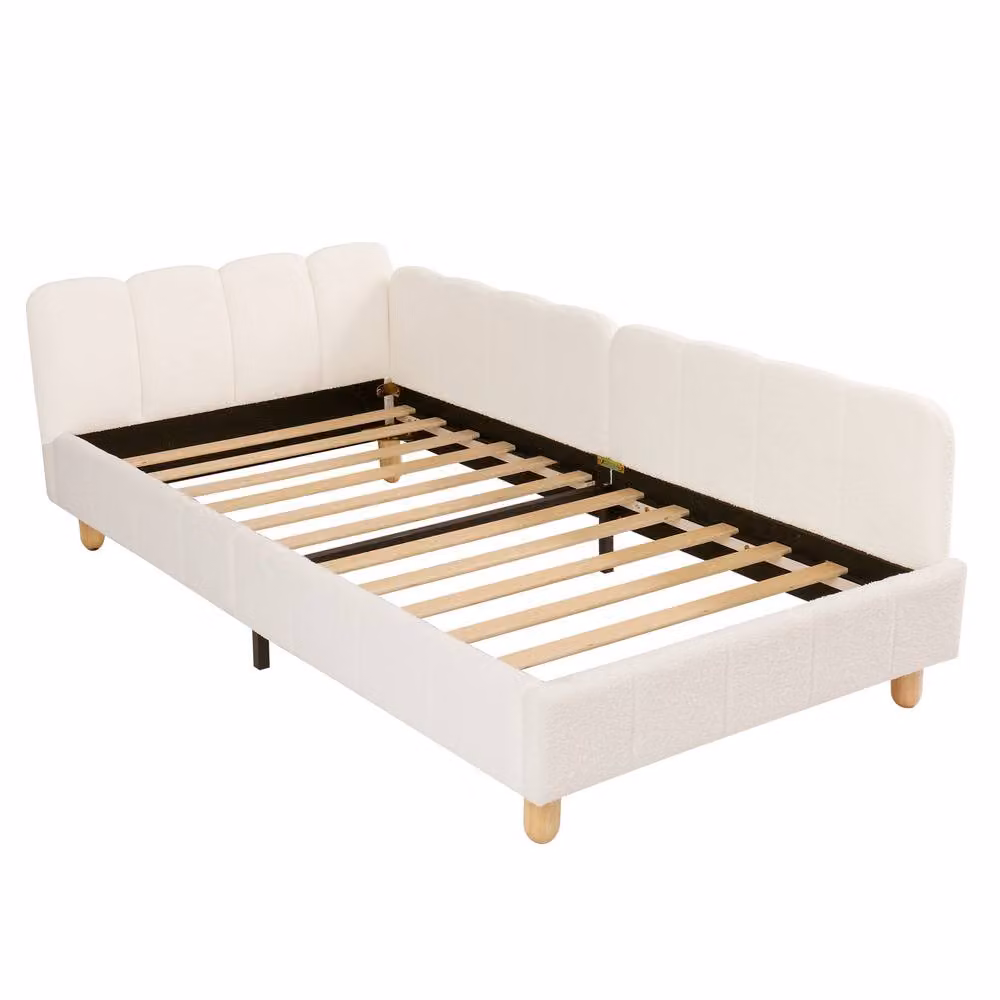 Rolipo Beige Bouclé Upholstered Single Bed Frame with Safety Rail, W/D/H: 90 x 190 cm – 4