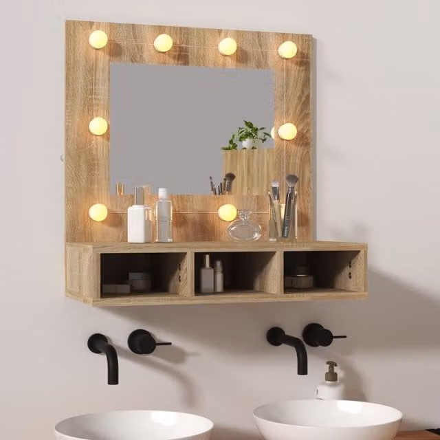 Berkfield Home LED Mirror Cabinet in Sonoma Oak Brown, W: 60 cm, D: 31.5 cm, H: 62 cm