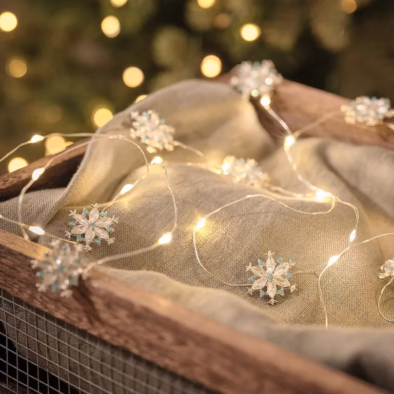 Lights4fun 20 Sparkly Snowflake LED Fairy Lights in Warm White and Silver with Timer