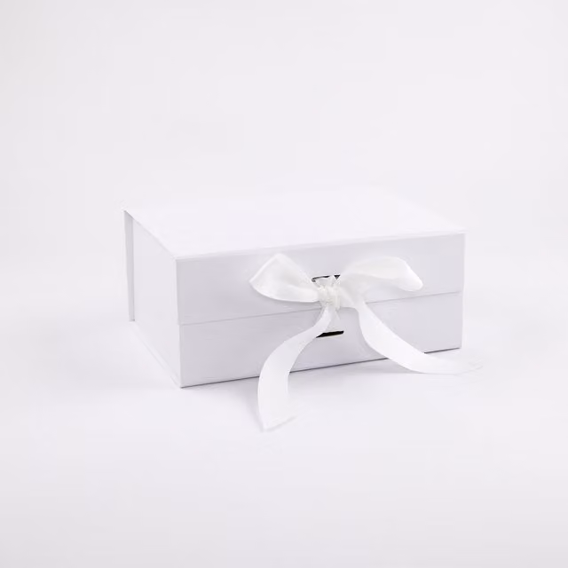A5 Deep Laminated Magnetic Gift Box with Changeable White Ribbon in White