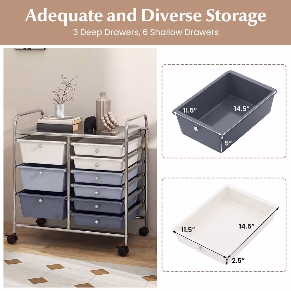 Gymax 9-Drawer Rolling Metal Storage Cart with Castors in Silver and Multicolour for Home, Office or School – 4