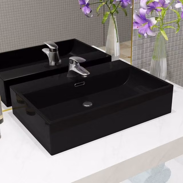 Berkfield Ceramic Black Rectangular Wall Mounted Basin with Faucet Hole W: 60.5 cm, D: 42.5 cm, H: 14.5 cm – 1