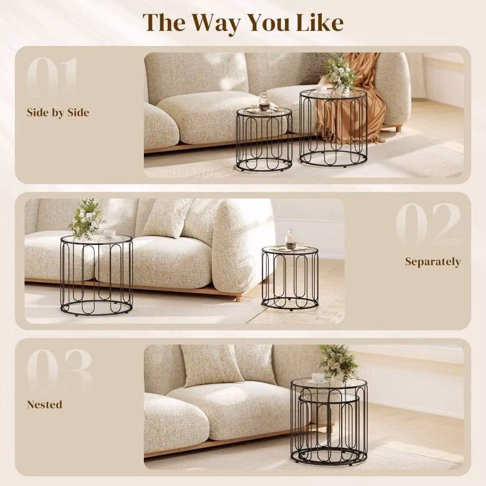 Wyld Haus Roro Set of 2 Black Oval Nesting Tables with Glass Tops and Metal Sled Base – 3