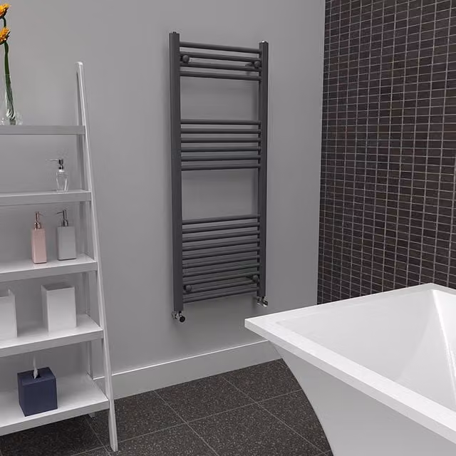 Lux Heat Anthracite Grey Steel Wall Mounted Towel Radiator, H: 120 cm, W: 50 cm