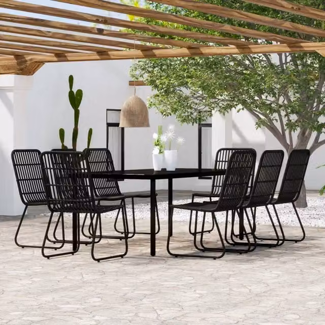 Berkfield Home 9 Piece Modern Garden Dining Set in Black Matt Rattan and Glass – 1