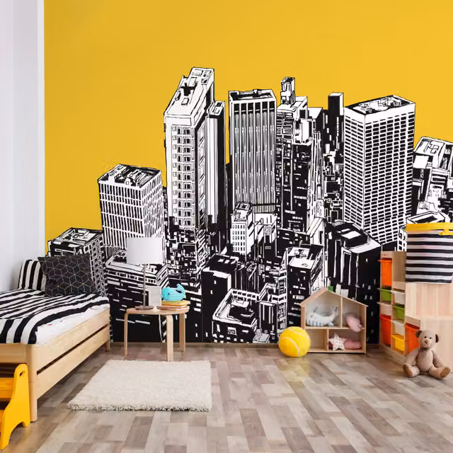 Origin Murals Urban City Skyscrapers Modern Wall Mural in Yellow, Medium