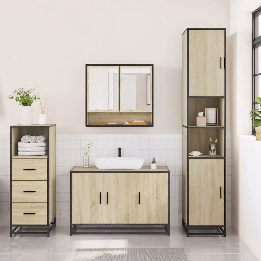 Berkfield Home 3 Piece Industrial Bathroom Furniture Set in Sonoma Oak Brown, including Vanity Unit, Mirror Cabinet and Wall Cabinet – 2