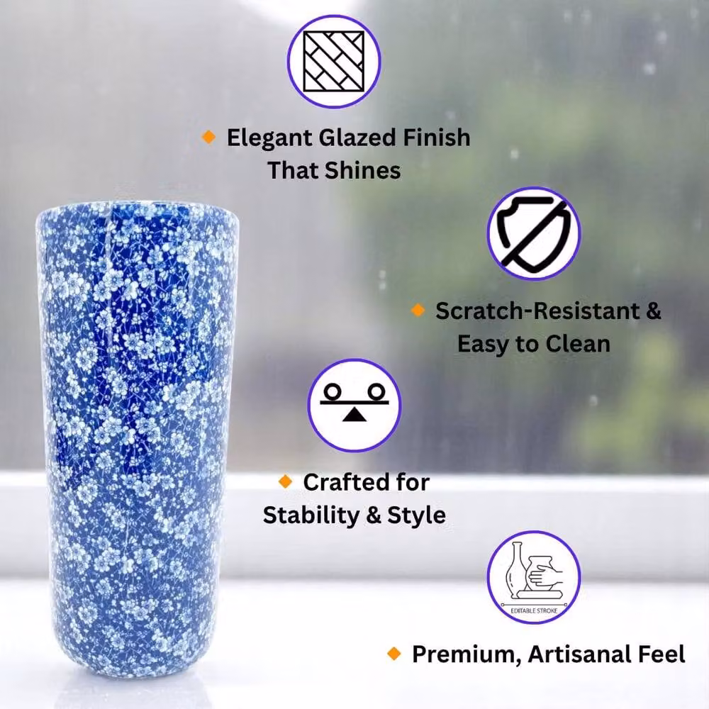 Minster Peasely Round Ceramic Umbrella Stand Vase in Blue and White, W: 20 cm, D: 20 cm, H: 46 cm – 5