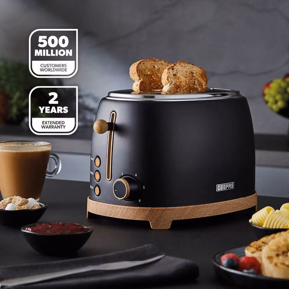 Geepas NordiQ Design 2 Slice Toaster with 6 Browning Levels and Wood Effect Finish in Black – 2