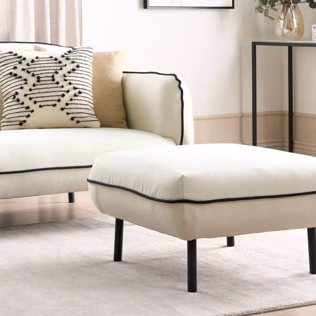 Wyld and Coco Square Ottoman Footstool in Light Beige with Black Edging
