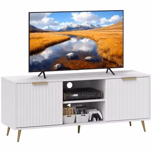 HOMCOM Modern White Fluted TV Stand for TVs up to 55 Inch with Geometric Storage Cabinets
