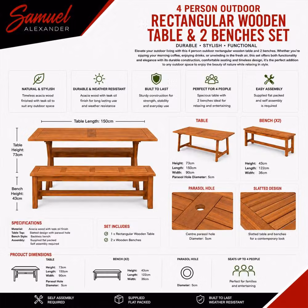 Samuel Alexander 4 Person Rectangular Wooden Garden Dining Table with 2 Benches in Brown – 3