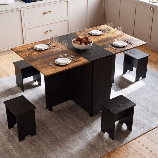 Livingandhome Retro Folding Dining Table Set with 4 Stools in Brown and Black