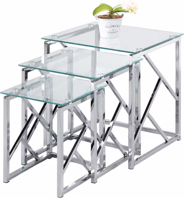R&D Myla Modern Square Glass Nest of Tables in Clear and Silver