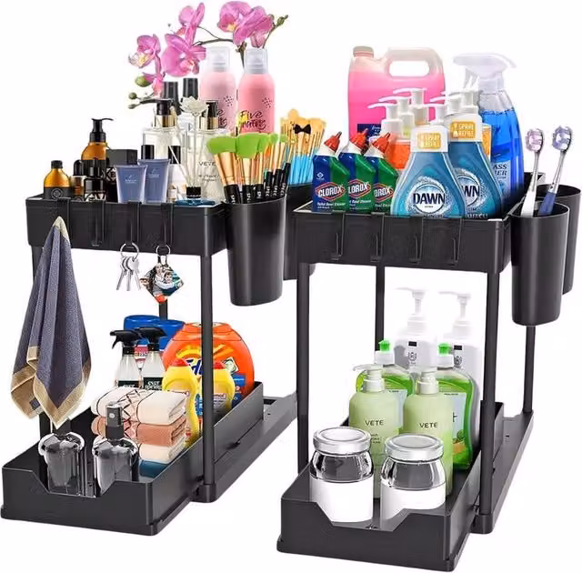 KORVIXA 2-Piece Under Sink Kitchen Cabinet Organisers and Storage in Black, W/D/H: 100 x 100 x 36 cm