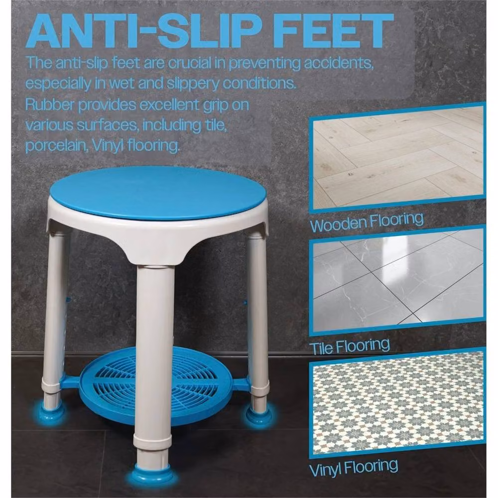 NESTLUNE Round White Plastic Bathroom Shower Stool with Non-Slip Height Adjustable Legs – 3