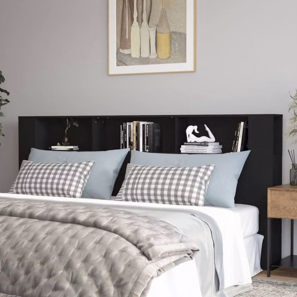 Berkfield Home Modern Black Headboard Cabinet with Integrated Bedside Shelves W: 220 cm, D: 18.5 cm, H: 104.5 cm – 2