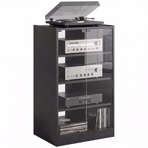HOMCOM Modern Black Hi-Fi Stand with Glass Doors and Internal Shelves, W: 91 cm, D: 40 cm, H: 54 cm – 1