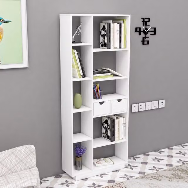 Destina Home Revna White Wooden Bookcase with Drawers and Shelves